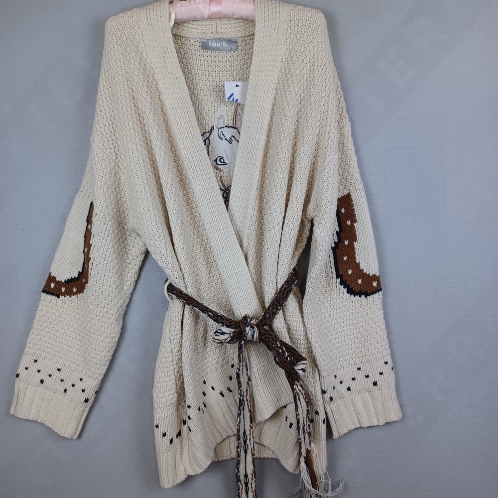 Blue B Collection L Horse Cardigan Sweater Western Cowgirl Horseshoe Belted NWT